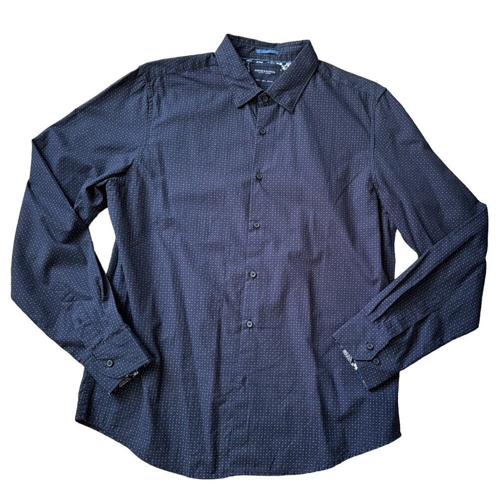 NWOT  - DENIM & FLOWER, NAVY BLUE dot button down shirt, Size Large